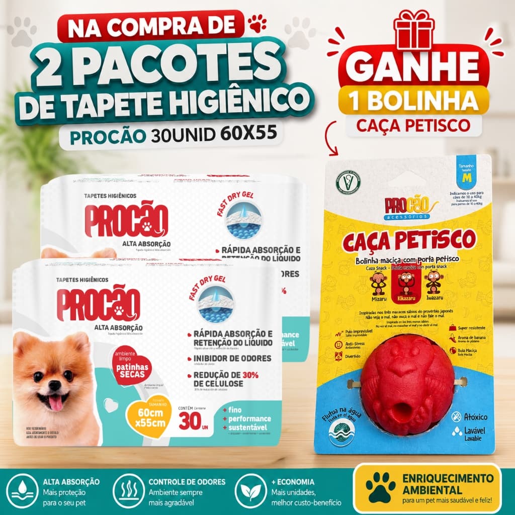 KIT 2 pct Tapetes Higiênicos Procão - Cachorros - Xixi no Lugar Certo - Alta Absorção - 60x55cm