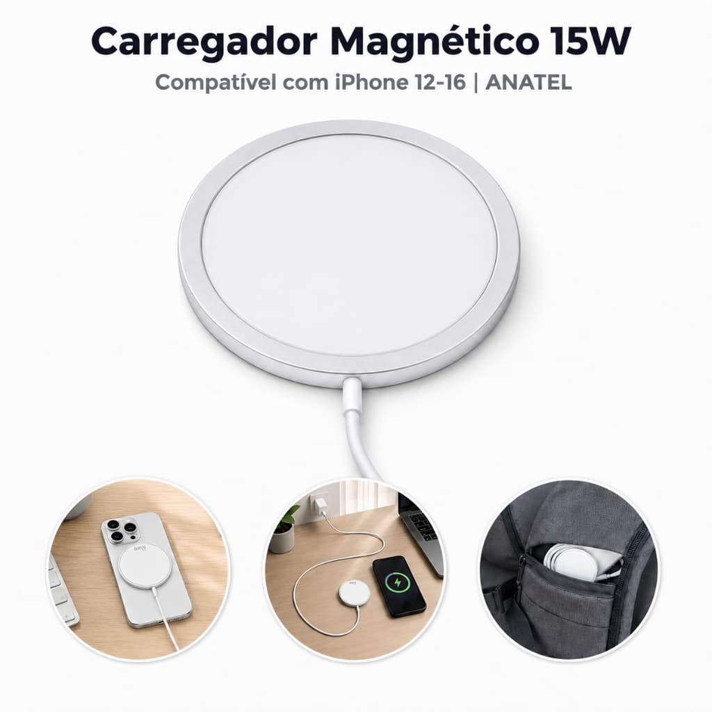 Carregador Sem Fio Magnético Magsafe iPhone 15W Carga Rápida