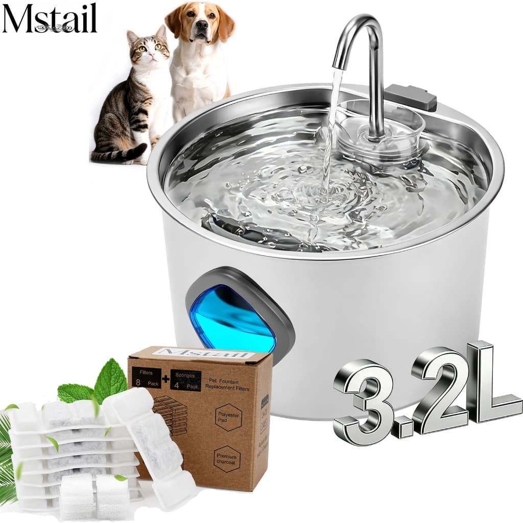Mstail 3.2L Fonte de água para gatos em aço inoxidável + conjunto de 12 filtros