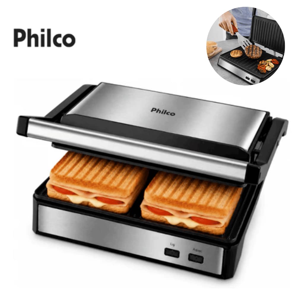 Grill Sanduicheira Elétrica Philco 2 em 1 1000W Antiaderente Abertura 180° Inox para Carnes Lanches