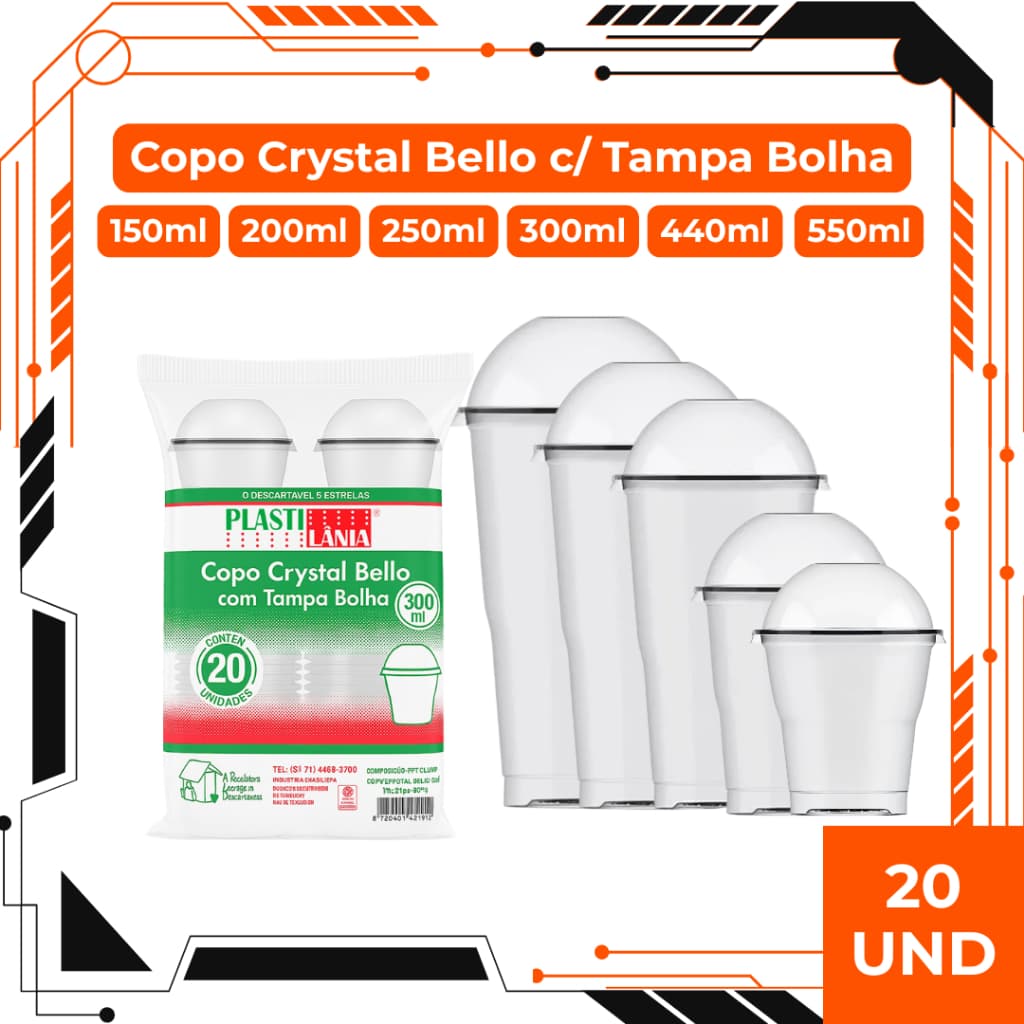Copo Crystal Bello com Tampa Bolha 20 Unidades Copo PET Transparente para Açaí Milkshake Sobremesas