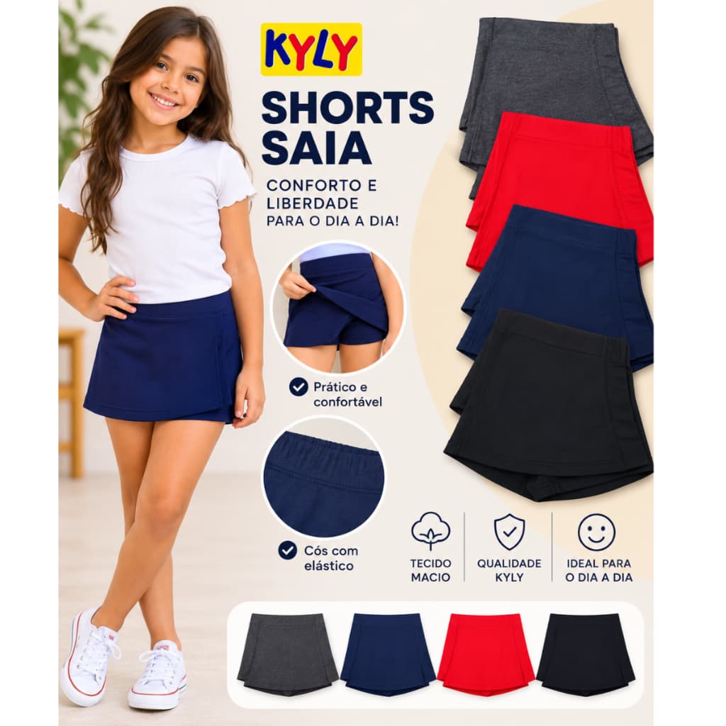Kit 2 Short Saia Infantil Menina Kyly Original Verão Algodão Confortável