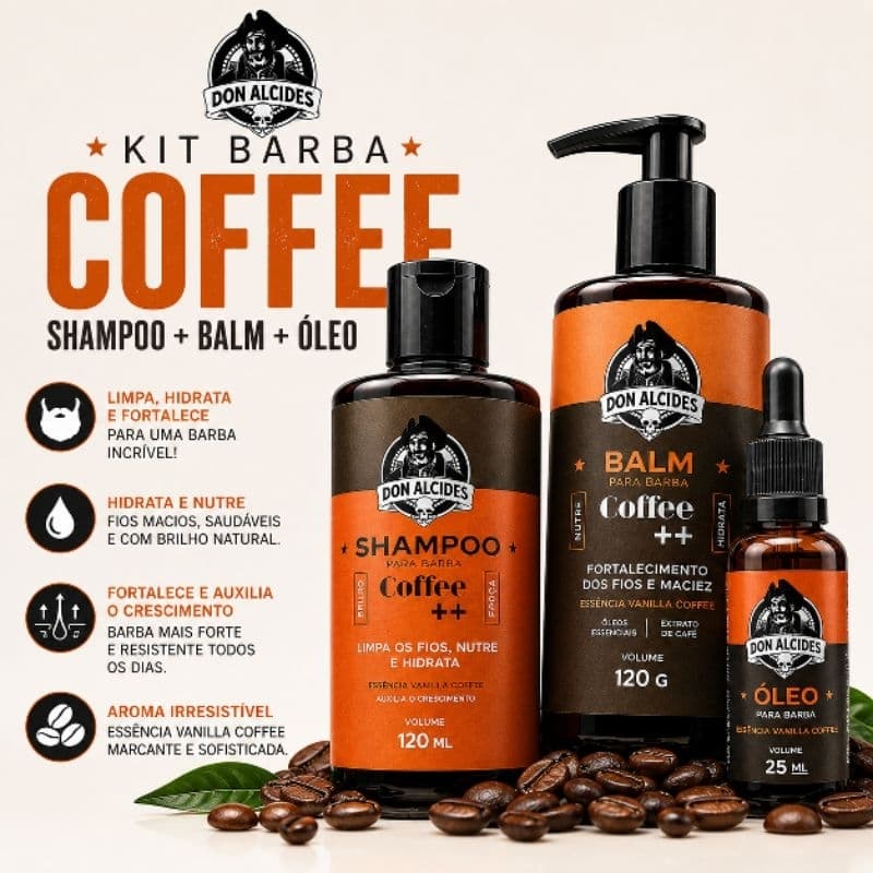 Kit Barba Coffee Don Alcides Shampoo + Balm + Óleo | Limpeza, Hidratação, Nutrição e Fortalecimento da Barba