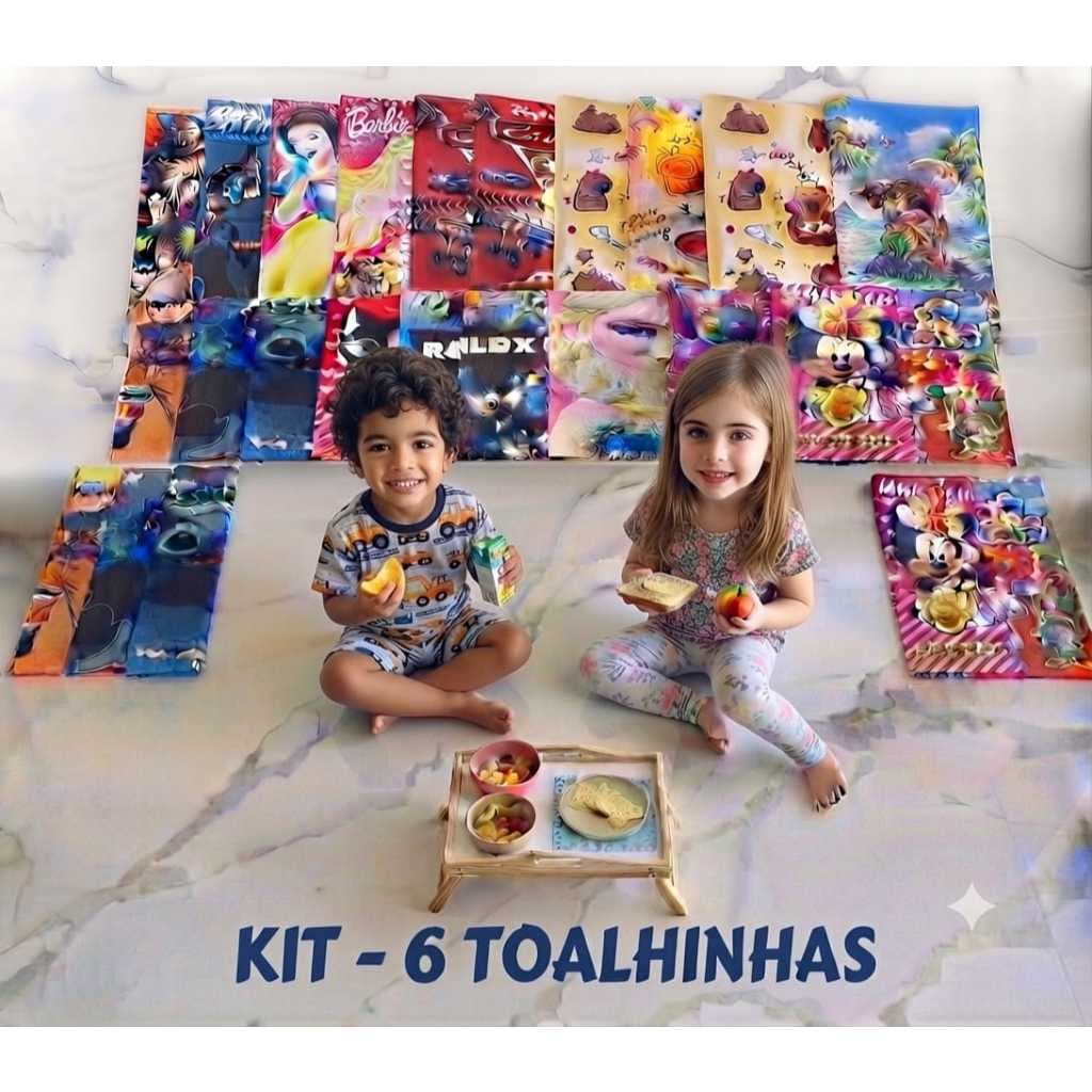 Kit com 6 Toalhas de Mão e Rosto para Lancheira Escolar Infantil Menino e Menina Estampas Personagem Sortidos