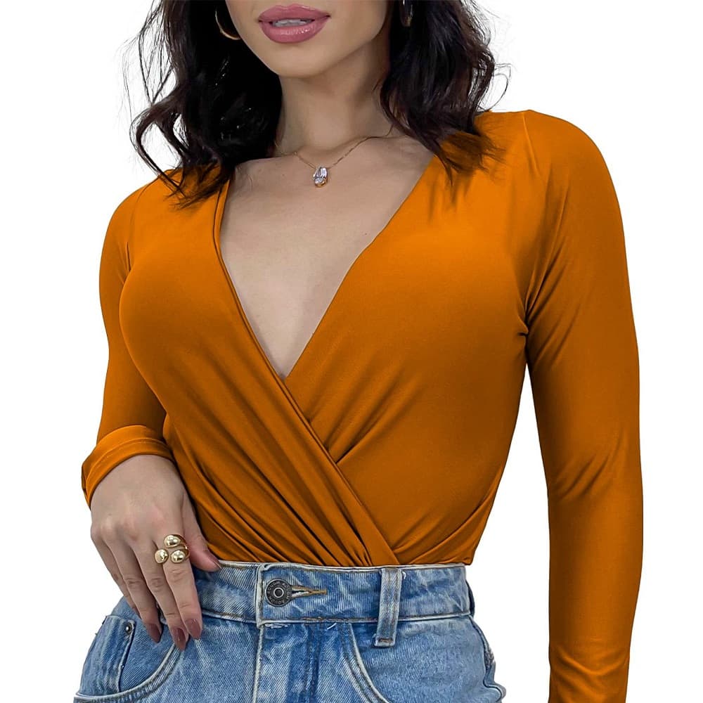 Body Feminino Marquezine Manga Longa Comprida Decote Transpassado Moda Inverno Blogueira