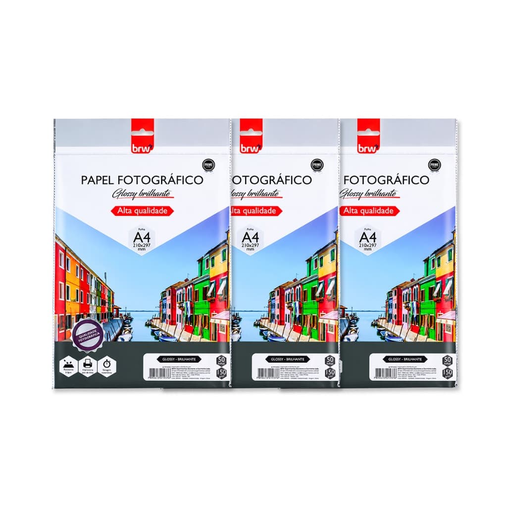Kit 3 Papel Fotográfico Glossy Prime 150g A4 com 150 Folhas para Uso Criativo e Artes