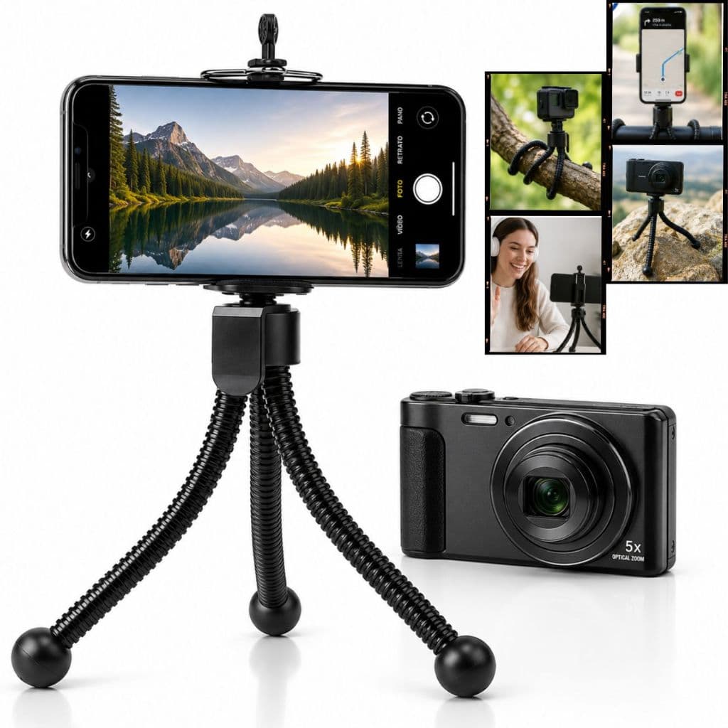Mini Tripé Flexível para Celular e Câmera com Suporte Ajustável Base Articulada Portátil Universal