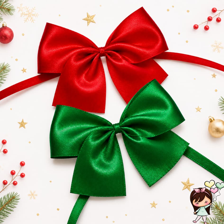 Kit Laços de Cetim Nº9 38MM com Fitilho | DECORAÇÃO NATAL | Prontos para Amarrar | Vermelho ou Verde