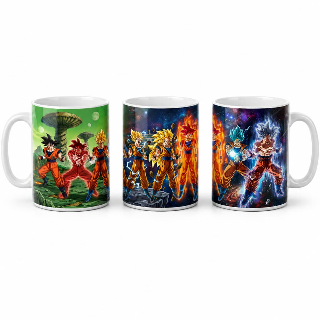 Caneca Dragon Ball Goku Transformações Super Saiyajin God Blue e Instinto Superior 325ml