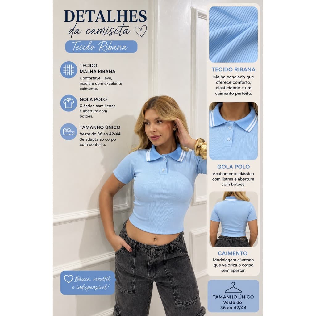 Blusa feminina estilosa Blusa Polo feminina  blusa feminina curta gola polo ribana blusa feminina com listra na gola p
