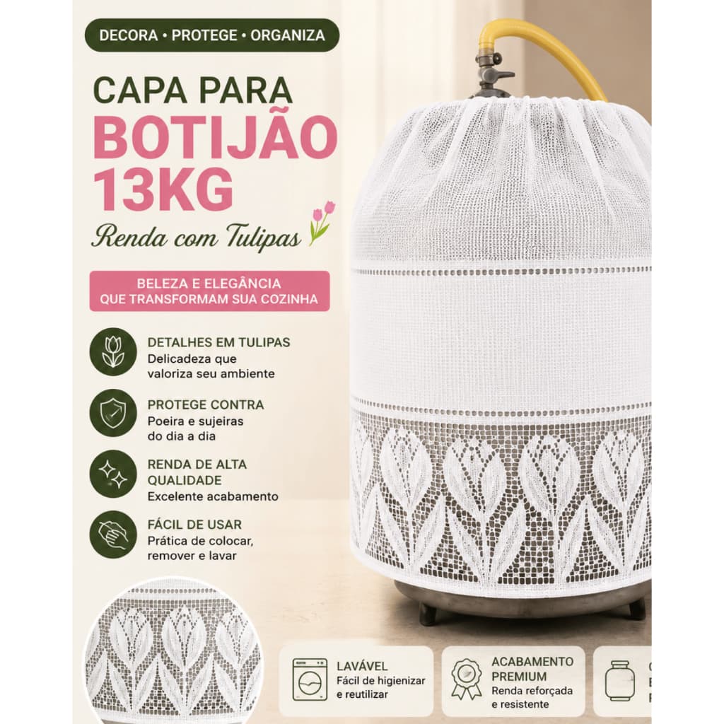 Capa para Botijão de Gás 13kg em Renda | Protege, Decora e Organiza sua Cozinha