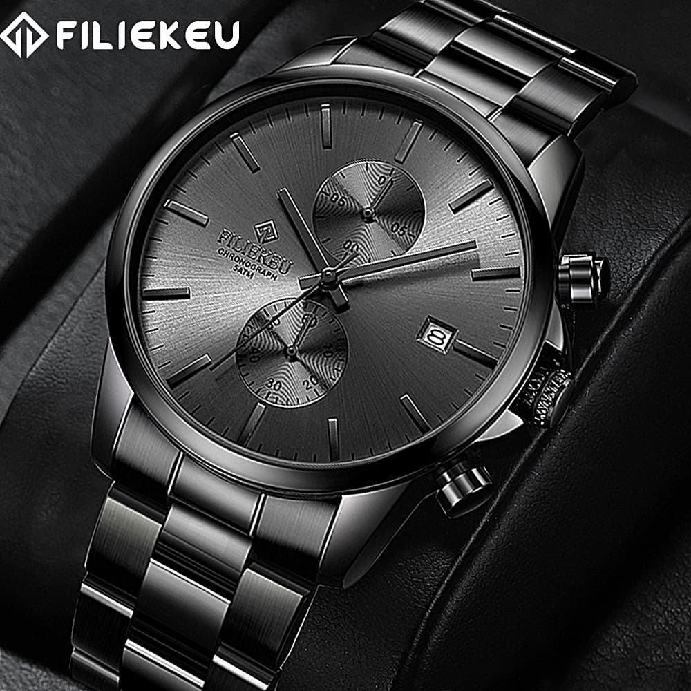 Relógio Masculino Luxo Aço Inoxidável Cristal Safira À Prova D'águ Estilo Obsidian