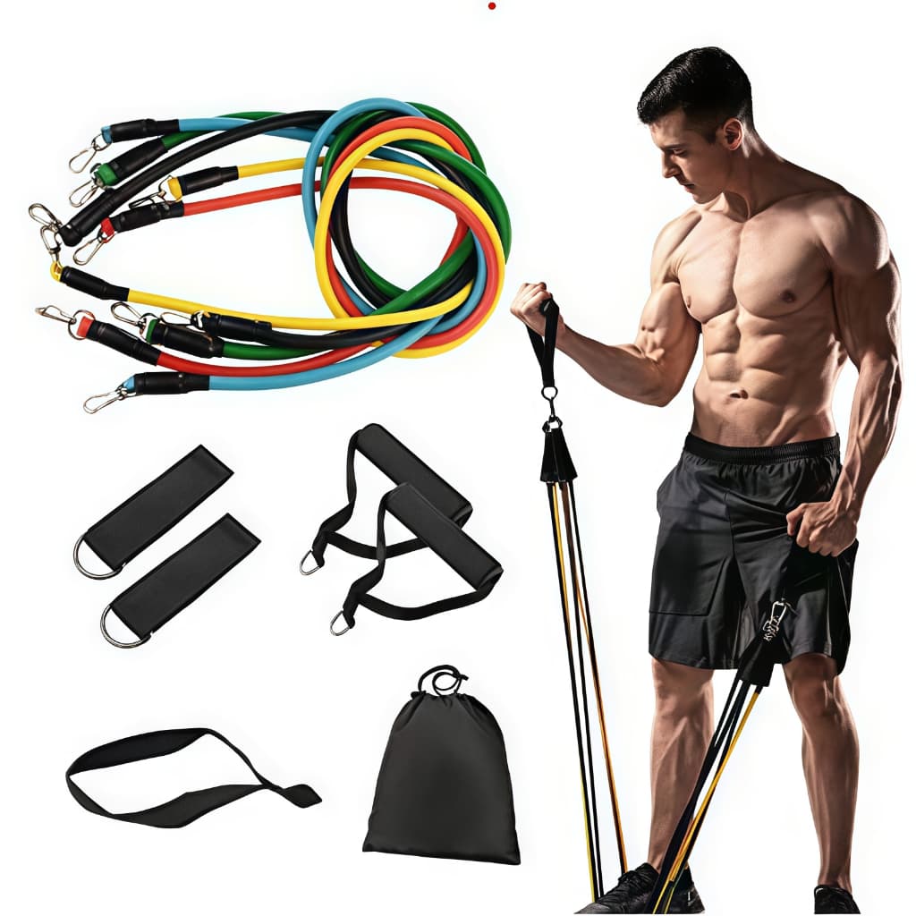 Um conjunto de faixas elásticas de resistência para treinamento físico, fortalecimento muscular e alongamento.