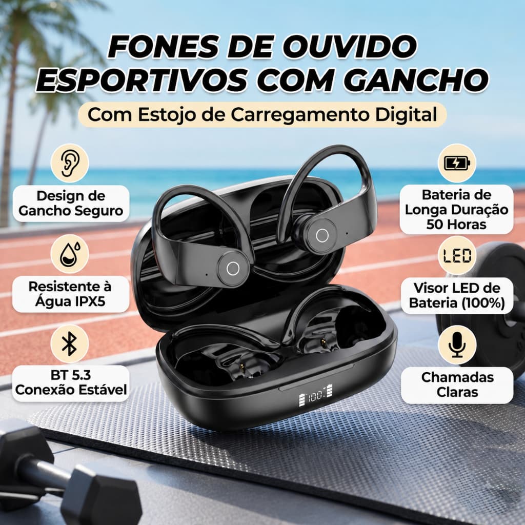 Fone de Ouvido Bluetooth 5.3 Esportivo Headphones Immersive, Display LED Bateria 50h IPX5