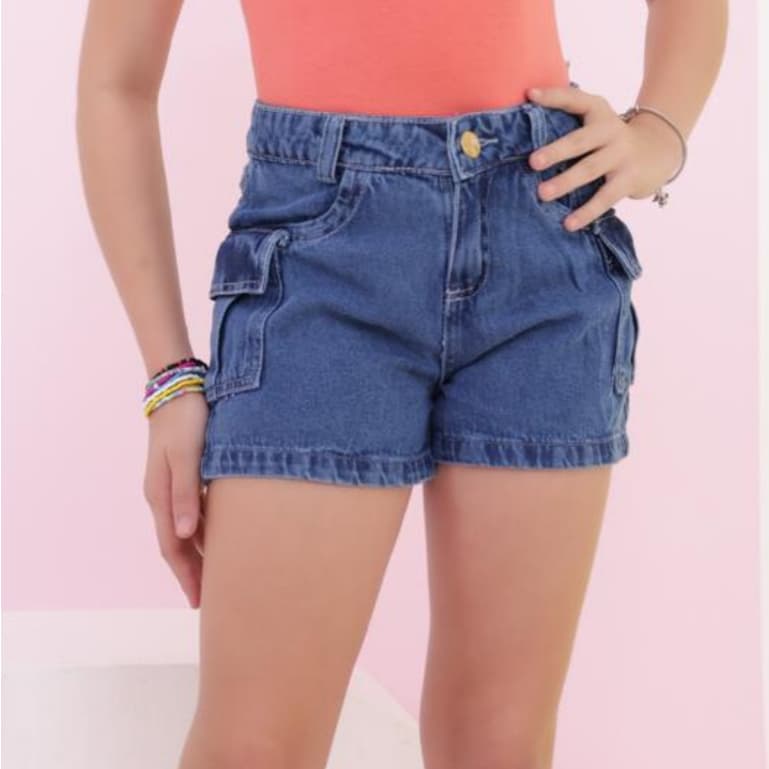 Shorte infantil Cargo Jeans Bermuda juvenil Menina Cintura Alta Bolso Feminino