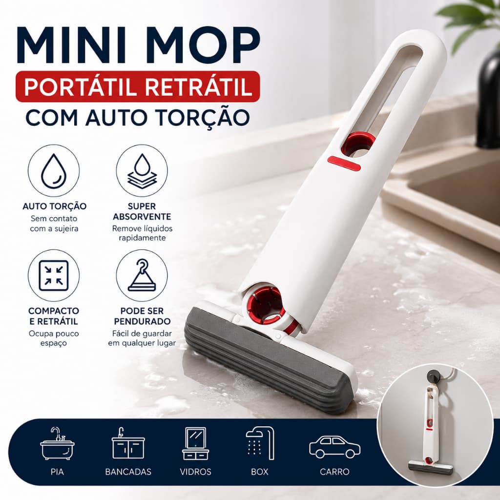 Mini Mop Portátil Retrátil Esfregão Auto Torção Rodo de Pia Dobrável Limpeza Cozinha Banheiro