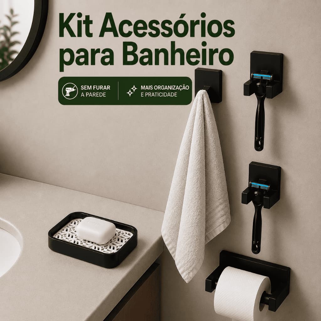 Kit Acessórios Banheiro 5 Peças Sem Furo Gancho Toalha Porta Papel Porta Gilete Saboneteira
