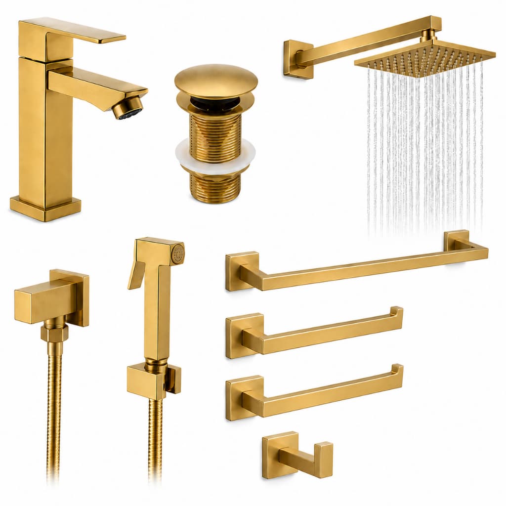 Kit Banheiro Dourado Luxo Completo Chuveiro 20x20 + Torneira+ Ducha Higiênica + Válvula Click + Acessórios