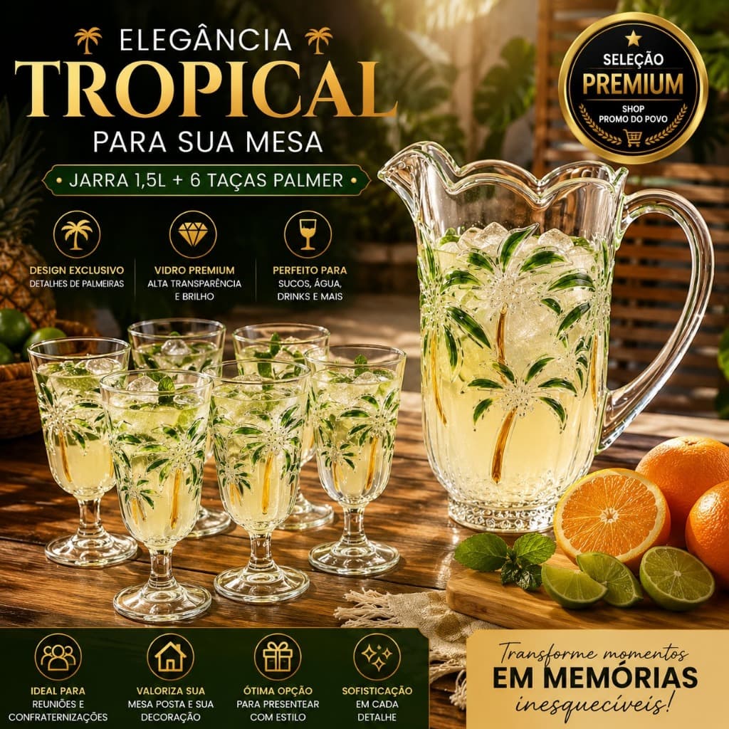 Conjunto 6 Taças Palmer com Jarra de Vidro 1,5L, Jogo para Sucos, Drinks, Água e Mesa Posta Tropical
