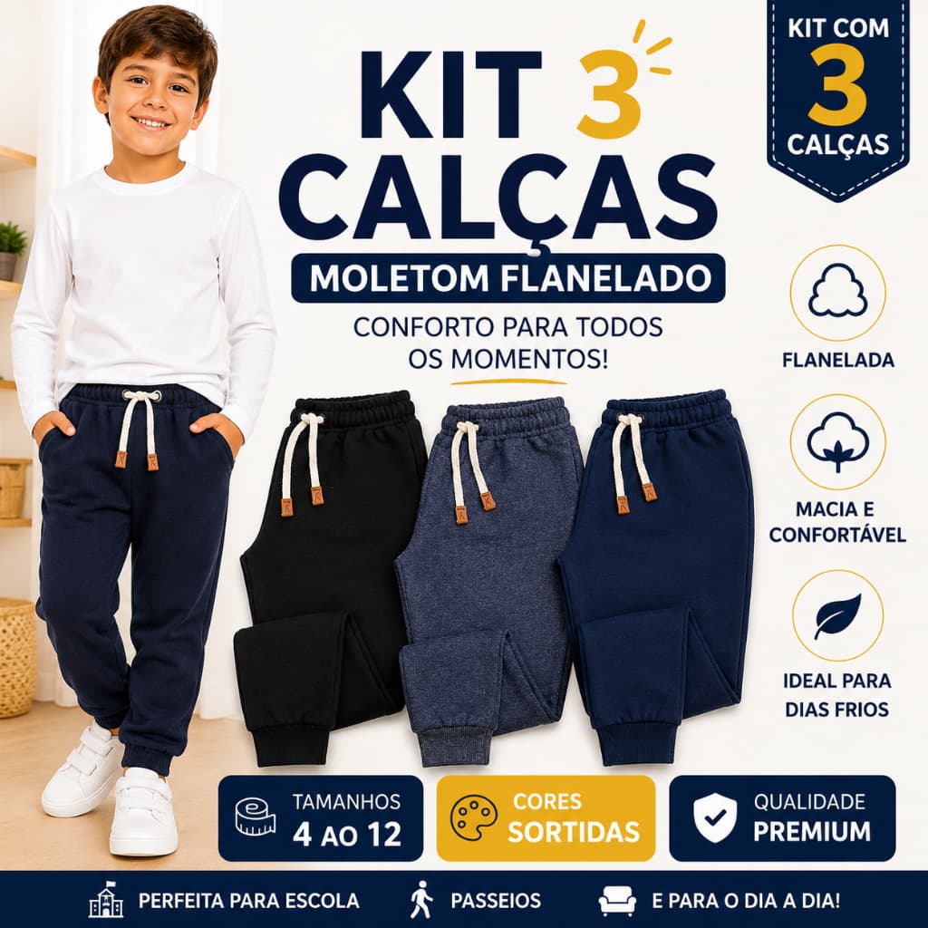 Kit 3 Calças Moletom Infantil Flanelada Jogger Premium Inverno 100% Algodão Tam 4 ao 12