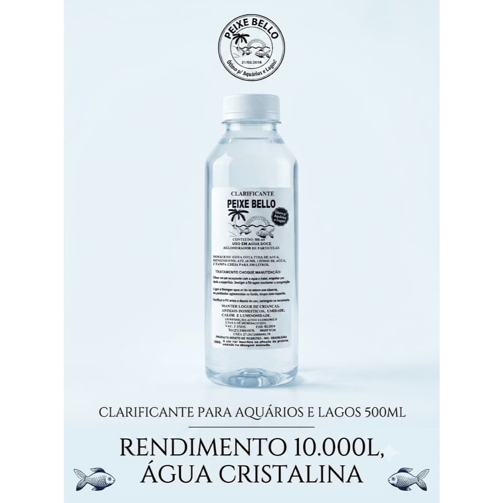 Clarificante Condicionador Para Aquario E Lago 500ml Rende 10000L Peixe Bello Agua Cristalina