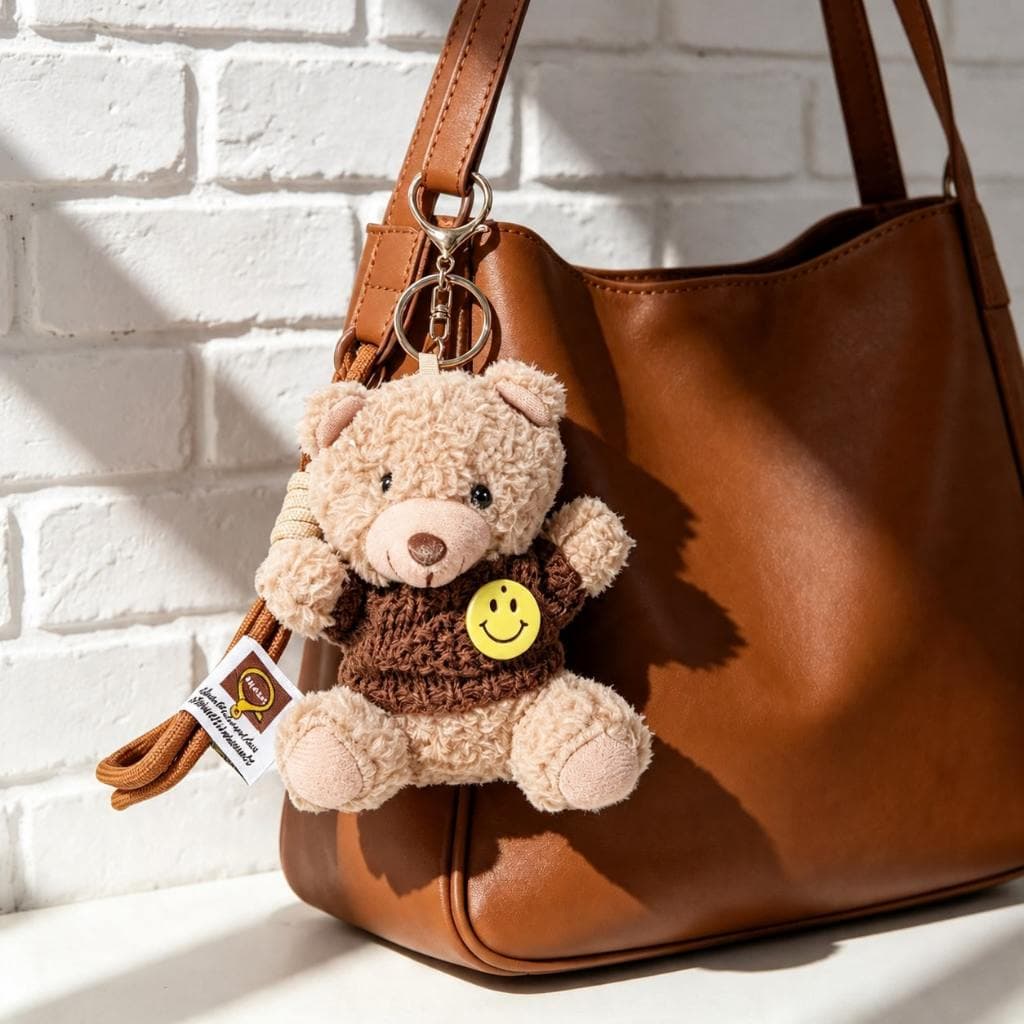 TOQUE ESTILO Chaveiro Teddy Mood Ursinho de Pelúcia Macio com Detalhe em Tricot e Pin Smiley Alegre para Bolsas e Chaves
