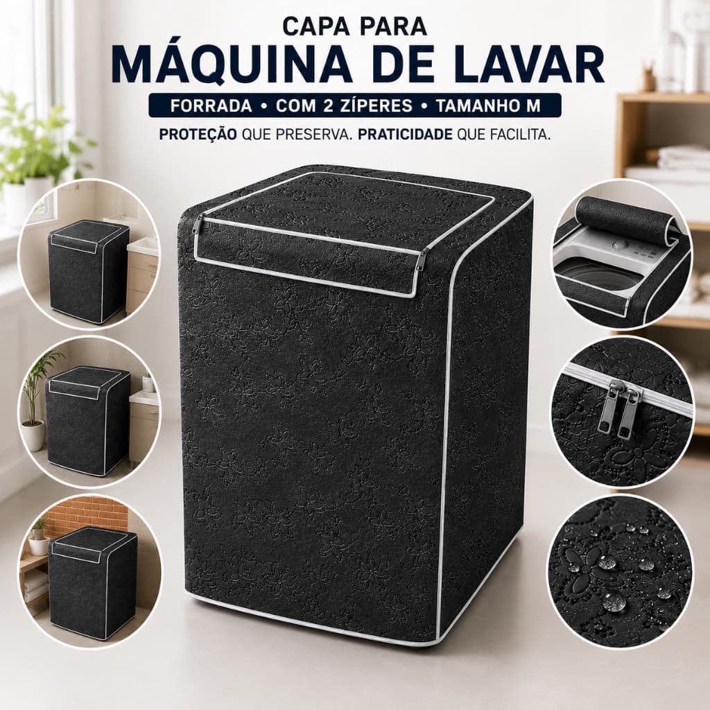 Capa Máquina de Lavar Com Zíper Abertura Superior Forrada Impermeável M Consul Brastemp Preta