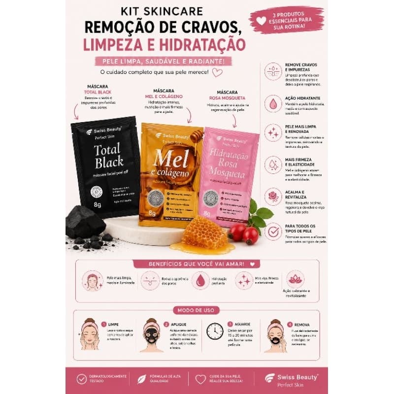 Kit Skincare – Remoção de Cravos, Limpeza e Hidratação | 3 Máscaras Faciais