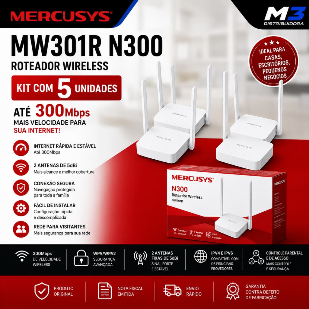 Kit 5 Roteadores Mercusys MW301R N300 Wireless 300Mbps 2 Antenas 5dBi IPv6 Wi-Fi