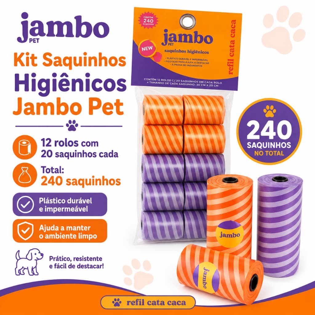 Kit 12 Rolos Saquinho Higiênico Cata Caca Jambo Pet 240 Unidades para Cachorro e Passeio