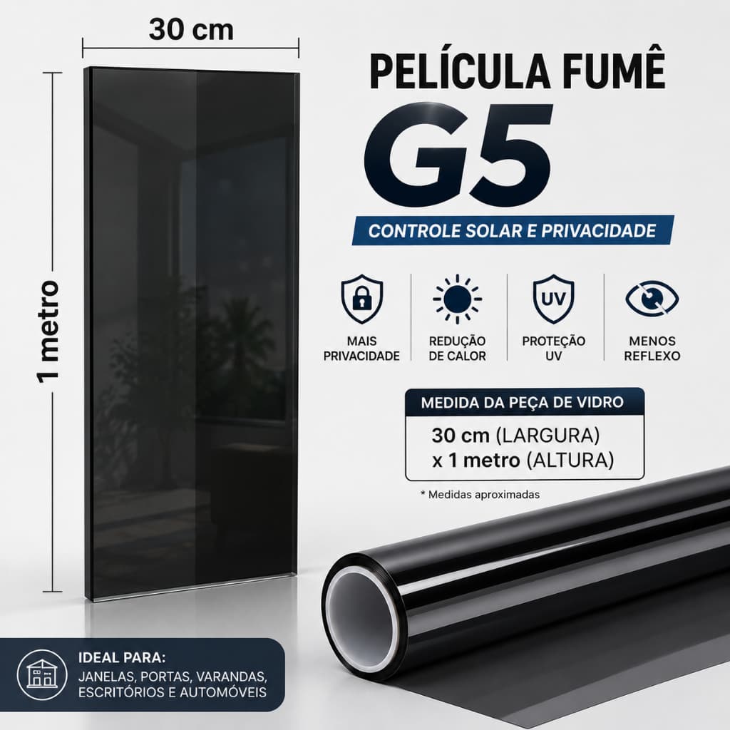 Película adesiva insulfilm Fumê G5 rolo 30cm x 1m Controle Solar Privacidade Vidros