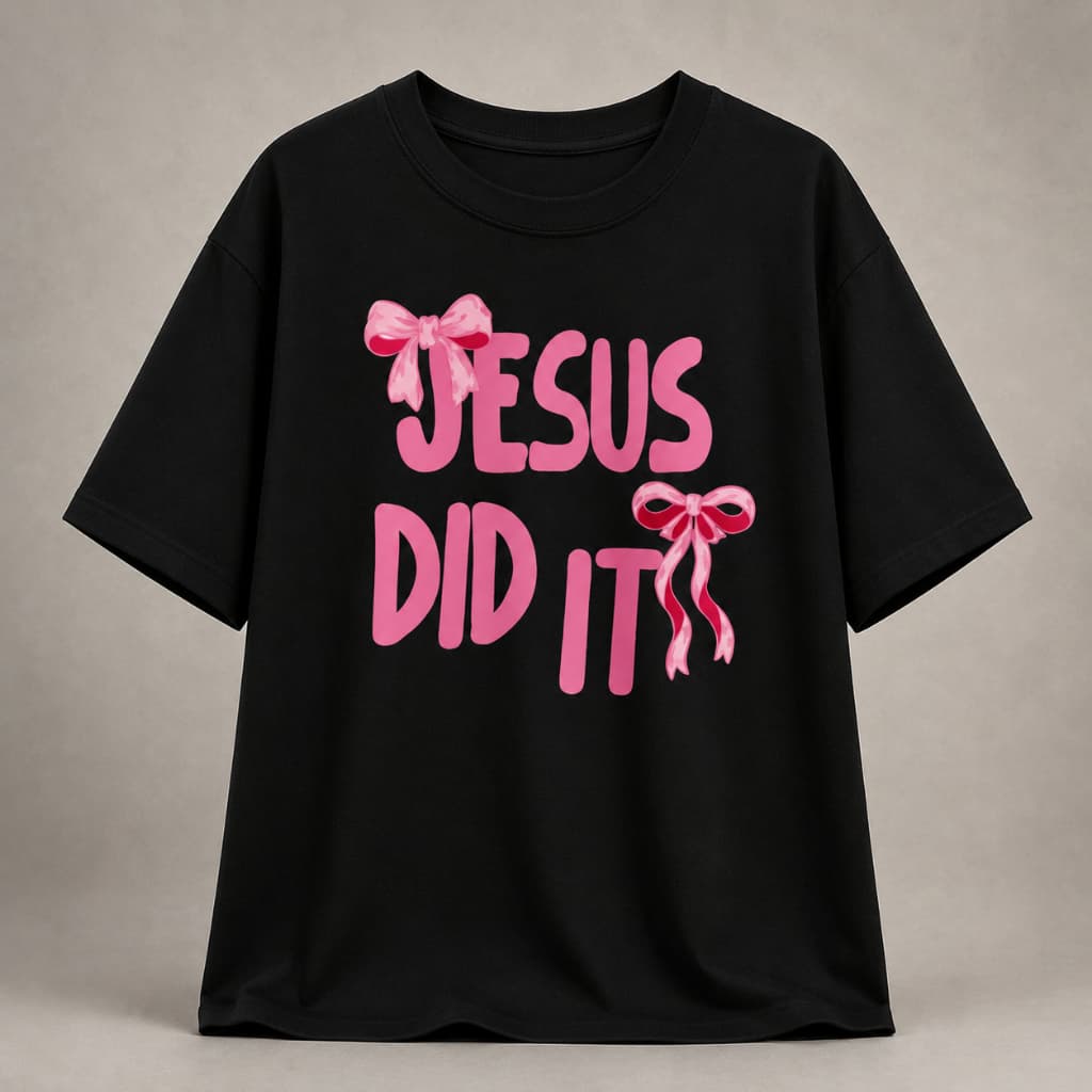 Camiseta Jesus Did It Estampa Cristã com Laços Rosa Unissex Gospel