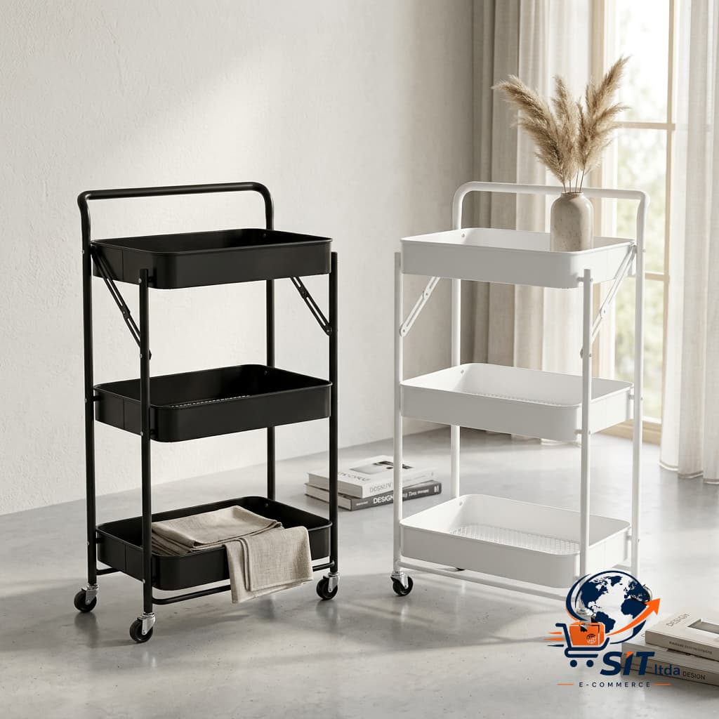 Organizador 3 Andares Rodas Branco Ferro E Plastico Pp 40 Cm X 29 Cm X 88 Cm Branco E Preto