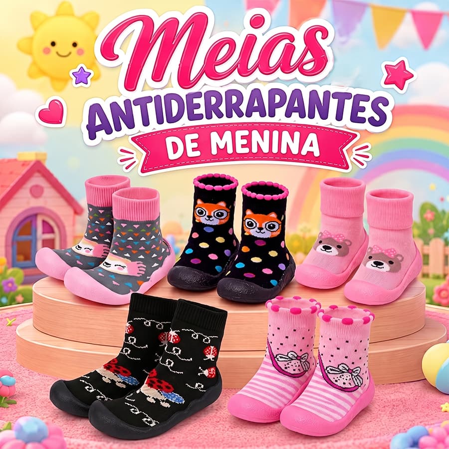 Meia Antiderrapante Sola Emborrachada Menina Confortável Bebê Dia a Dia Primeiros Passos