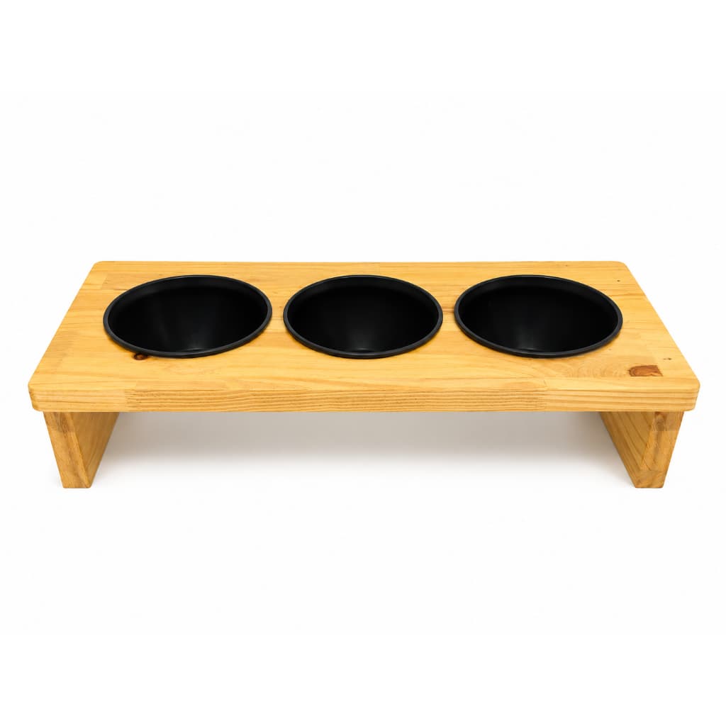 Comedouro Elevado Pet Triplo Pinus Madeira Ecológica 46x20x11cm 3 Cumbucas Plásticas Removíveis 500ml para PETS