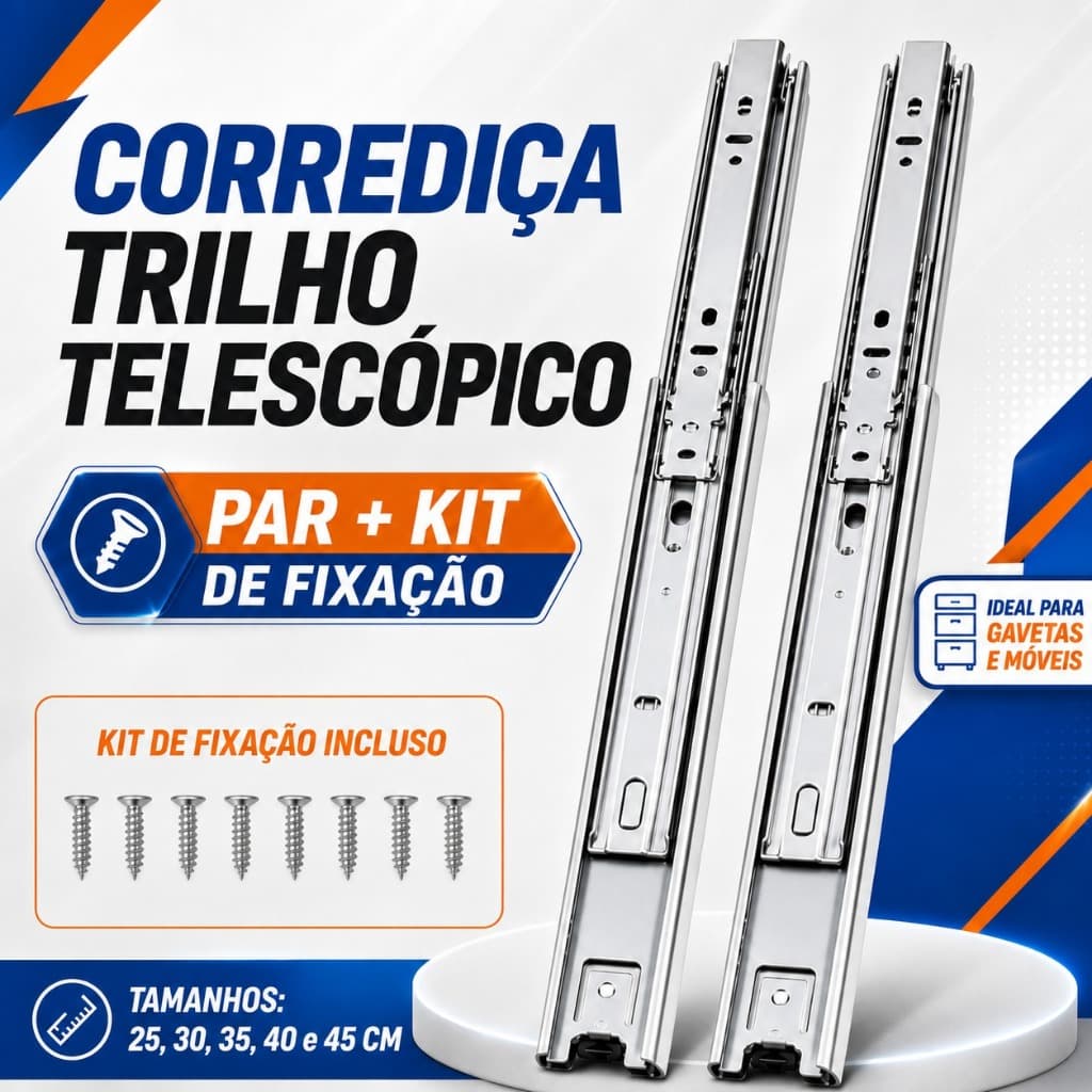 Kit 2 Corrediças Telescópica H35 Gaveta Armários Trilho Aço 25cm 30cm 35cm 40cm 45cm Leve