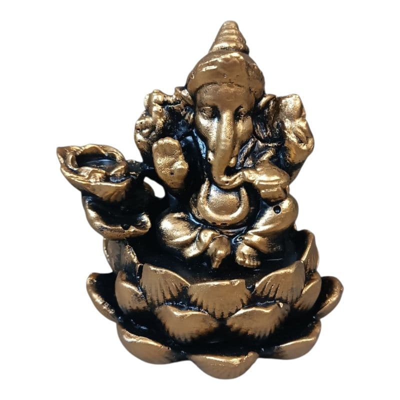 Incensário Ganesha efeito Cascata Flor de lótus dourado envelhecido