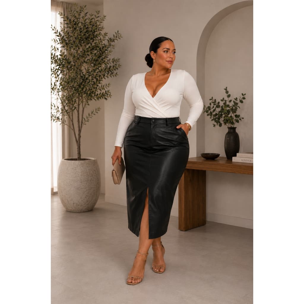 Saia Lápis Plus Size Cintura Alta Com Fenda Frontal Couro Ecológico