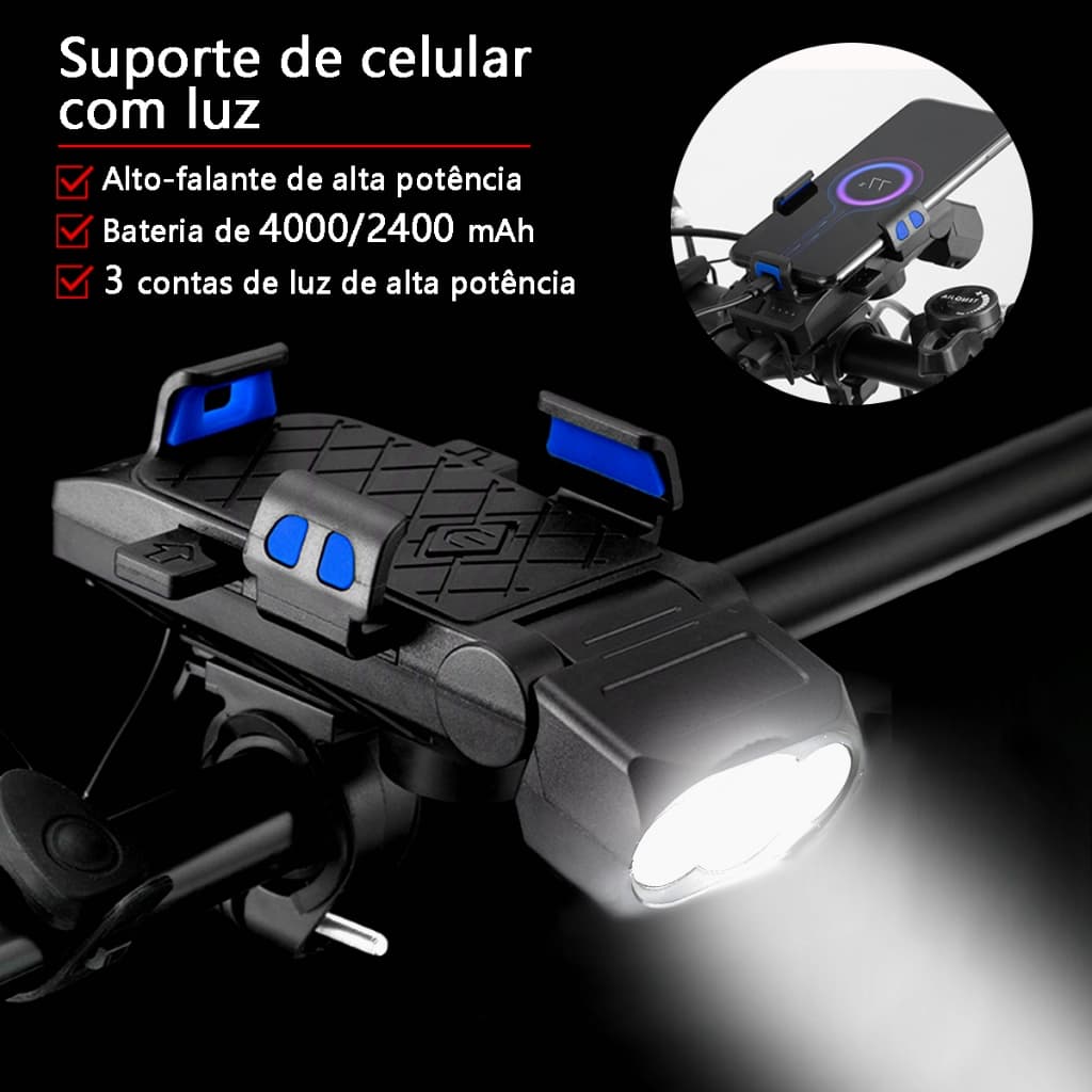Energia solar Lanterna Bike Com Buzina E Suporte De Celular Recarregável 4 Em 1 Multifuncional Farol De Bicicleta Luz