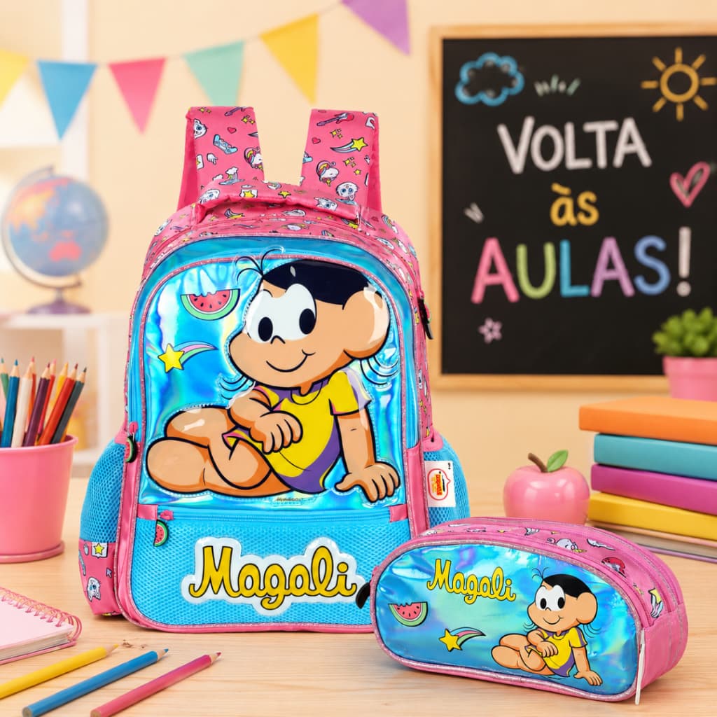 Kit Mochila de Costas e Estojo Mônica/Magali Escolar Feminina
