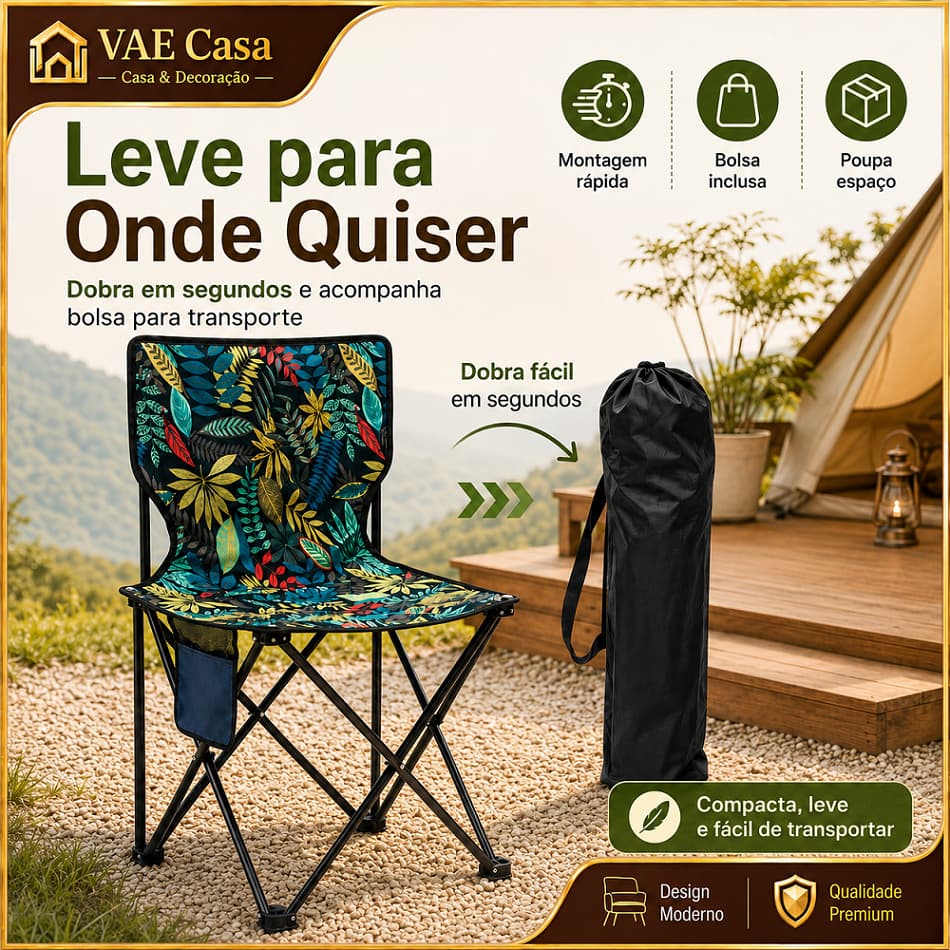 Cadeira Camping Dobrável Tamanho Grande Com Tecido Estampado, Estrutura Metálica Leve, Bolsa De Transporte