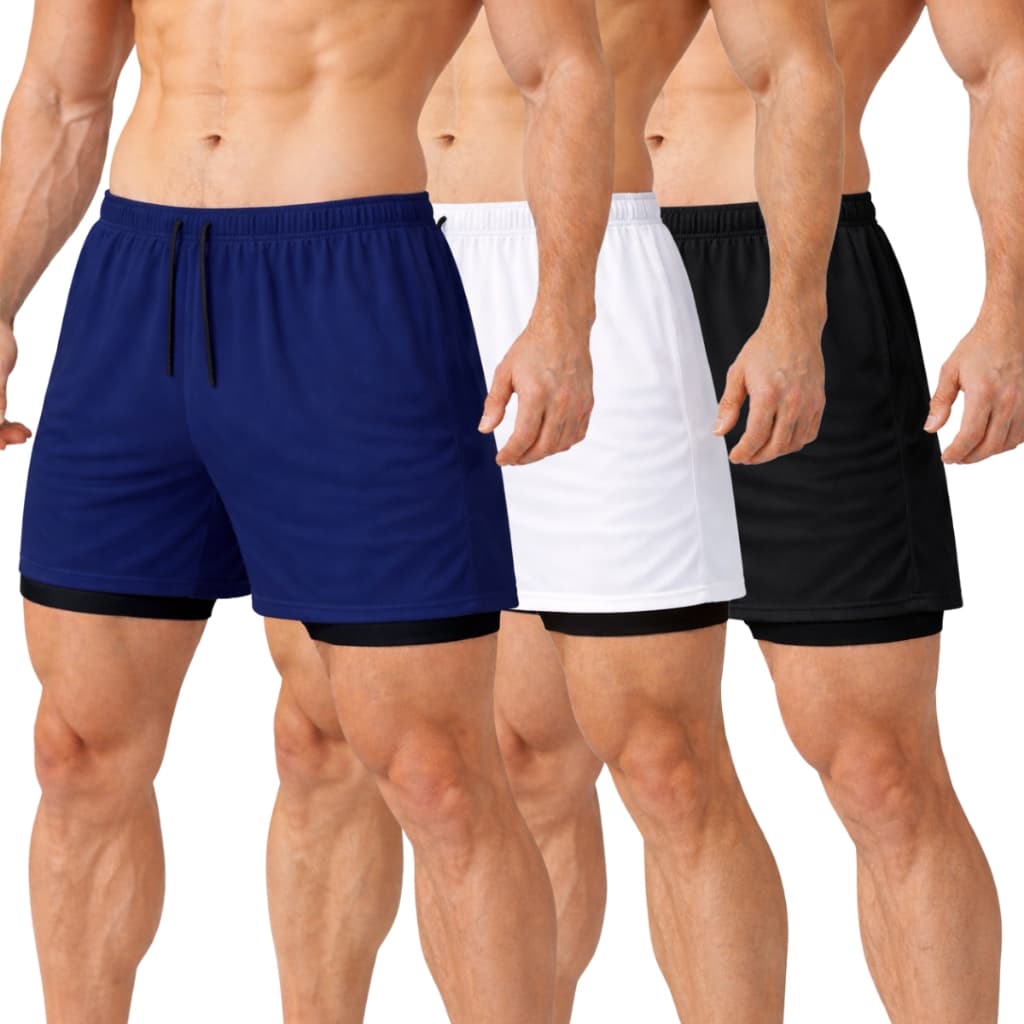 Kit 3 Shorts Treino Dry Fit Térmico 2 em 1 com Bolso para Celular e Porta-Toalha Fitness Academia