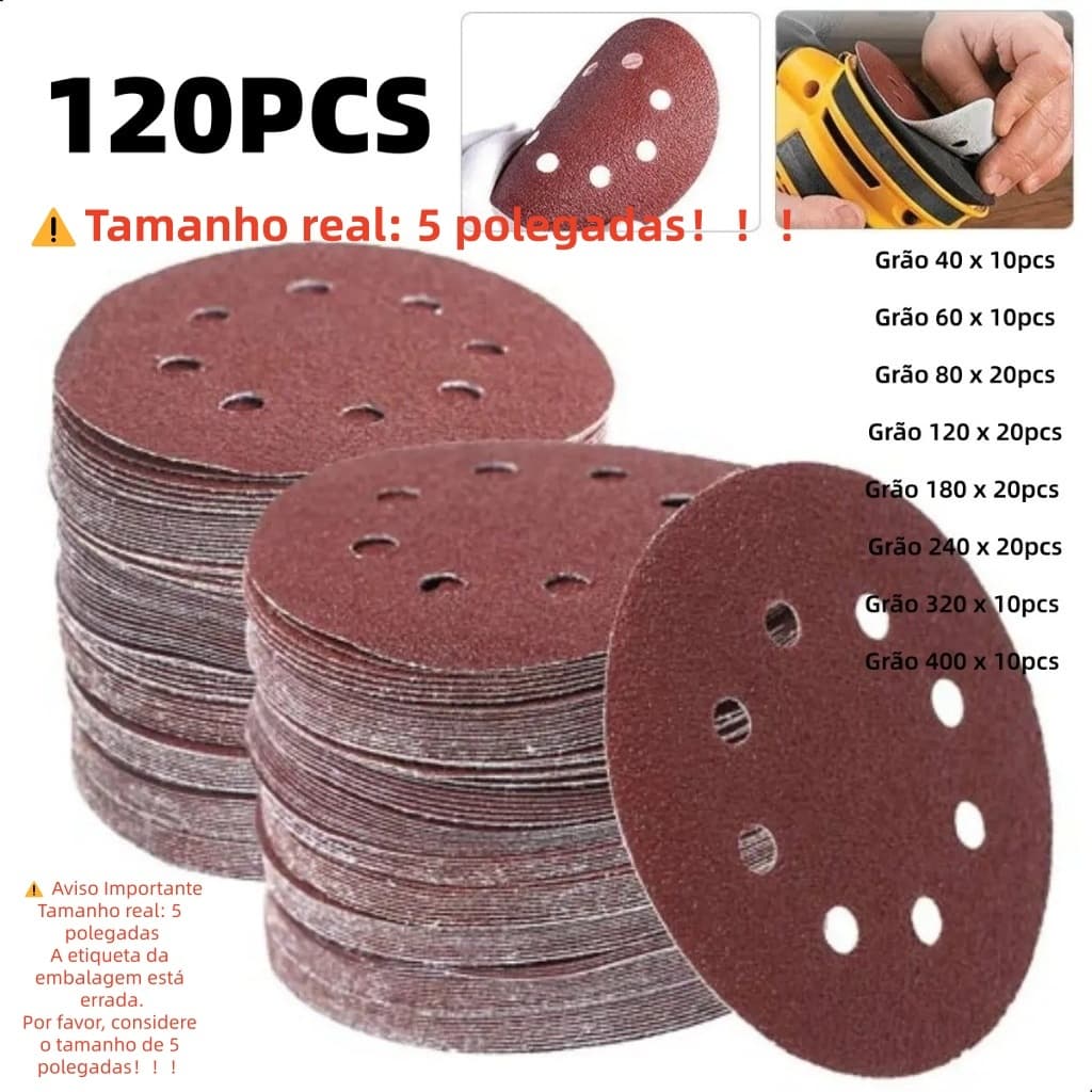 Kit 120 Disco de Lixa Velcro Circular 125mm 5 Pol 8 Furos Redondo Roto Orbital 40 60 80 120 180 240 320 400