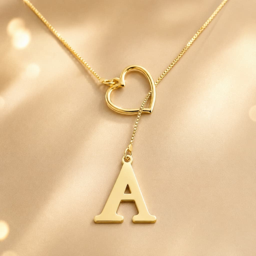 Colar Letra Inicial Feminino Gravatinha Folheado Ouro 18K Corrente Veneziana A-Z