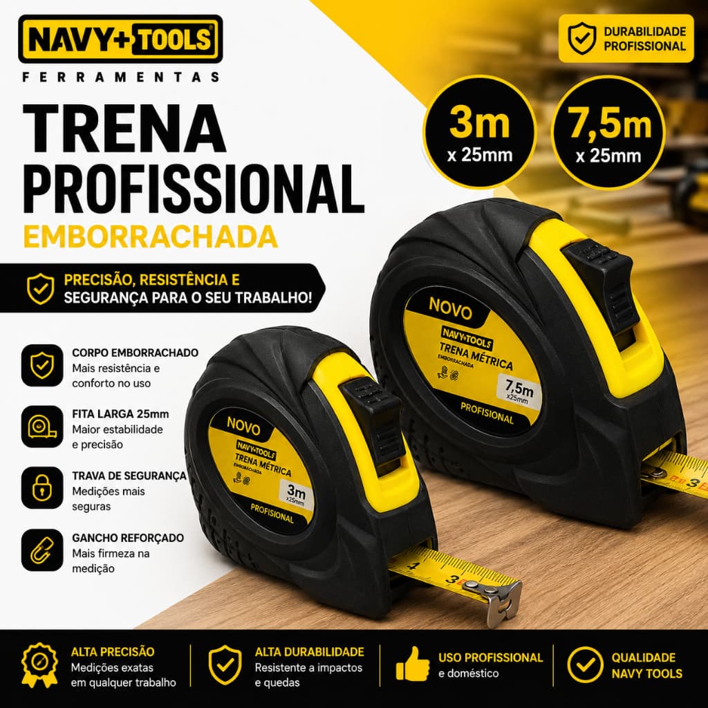 Trena Profissional Emborrachada 3m ou 7,5m x 25mm Com Trava Fita Larga Alta Resistência