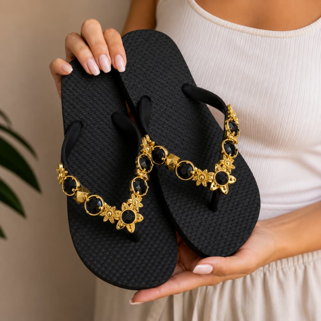 Chinelo Preto Feminino Pedraria Confortável e Macio Pedrarias E Metal Elegância Para O Seu Verão