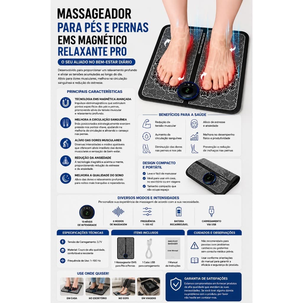 Kit Tapete Mini Massageador Elétrico Dor Pés e Musculares EMS
