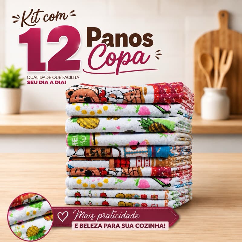 Kit com 12 Panos de Copa Prato Felpudo Atoalhado Estampado - 42x60 cm 100% Algodão