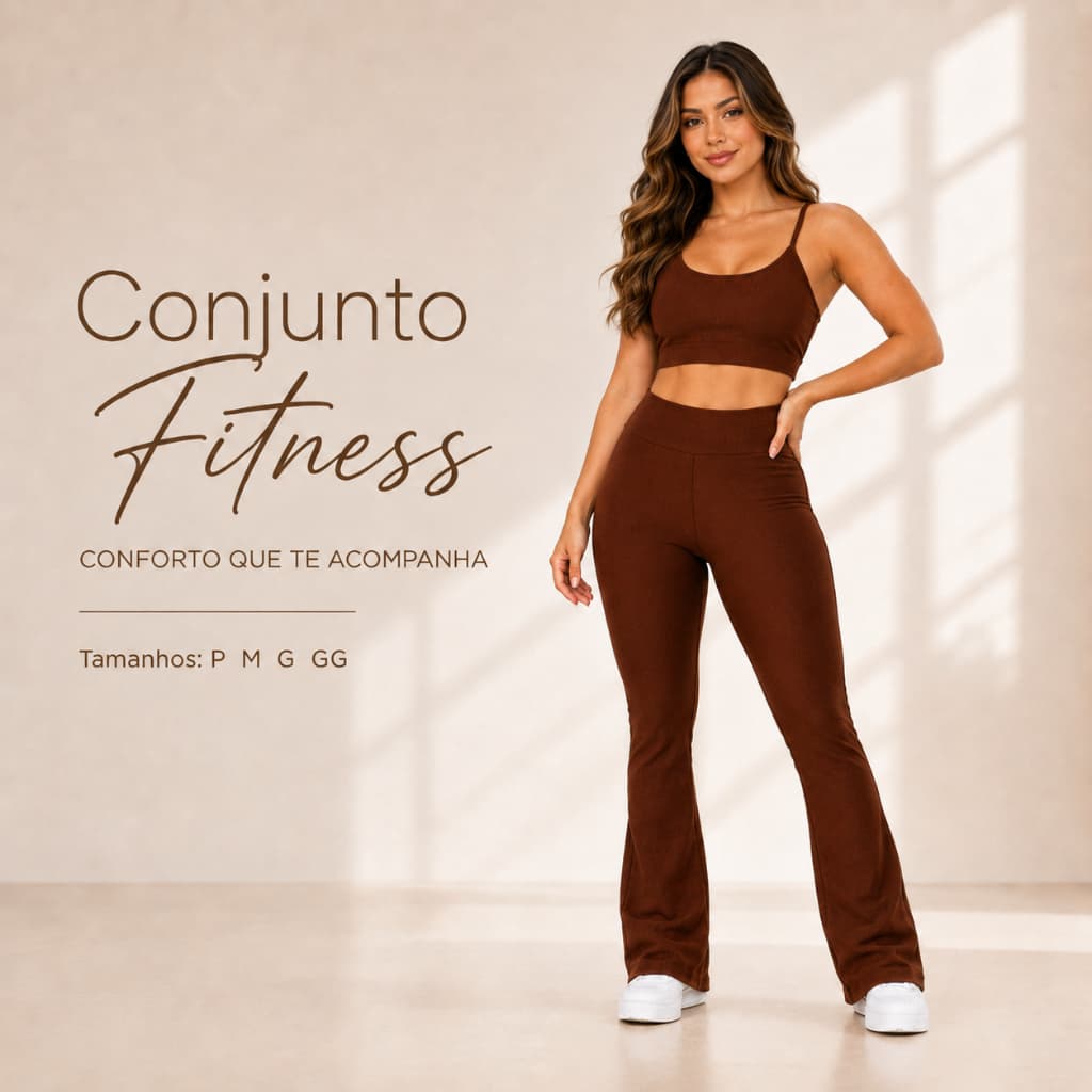 Conjunto Top Fitness E Calça Legging Flare Bailarina Marrom Para Academia Yoga e Corrida