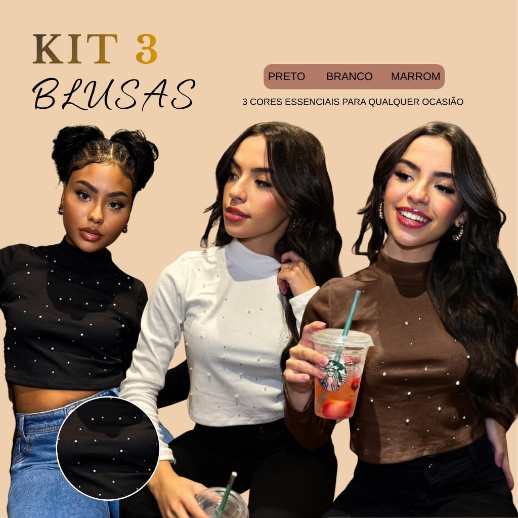 Blusa Ou Kit Gola Alta Com Aplique De Brilho Strass Perola Elegante Chic Manga Longa 10 Ao 16.